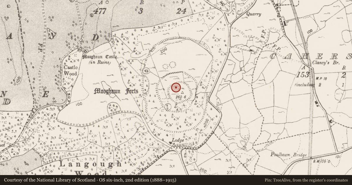 Ordnance Survey six-inch map, 2nd edition (1888–1915) covering the location of Cairn - unclassified, Mooghaun South, County Clare, with a pin at the register's coordinates