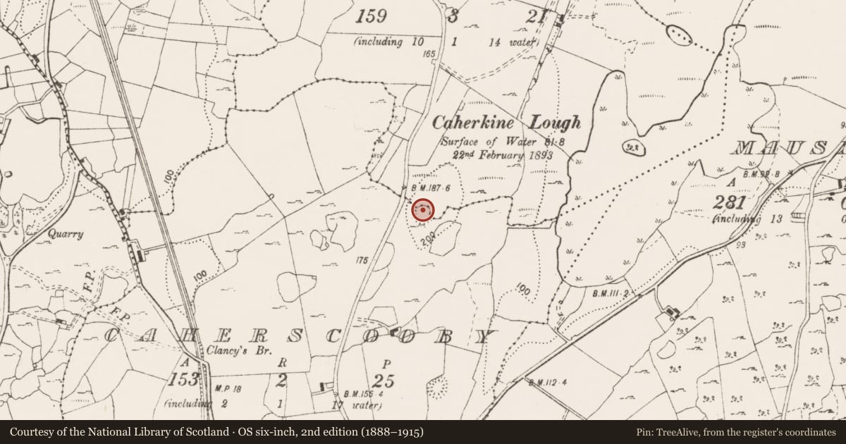 Ordnance Survey six-inch map, 2nd edition (1888–1915) covering the location of Ringfort - cashel, Caherscooby, County Clare, with a pin at the register's coordinates