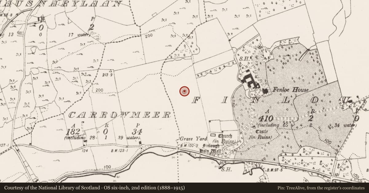 Ordnance Survey six-inch map, 2nd edition (1888–1915) covering the location of Enclosure, Finlough, County Clare, with a pin at the register's coordinates