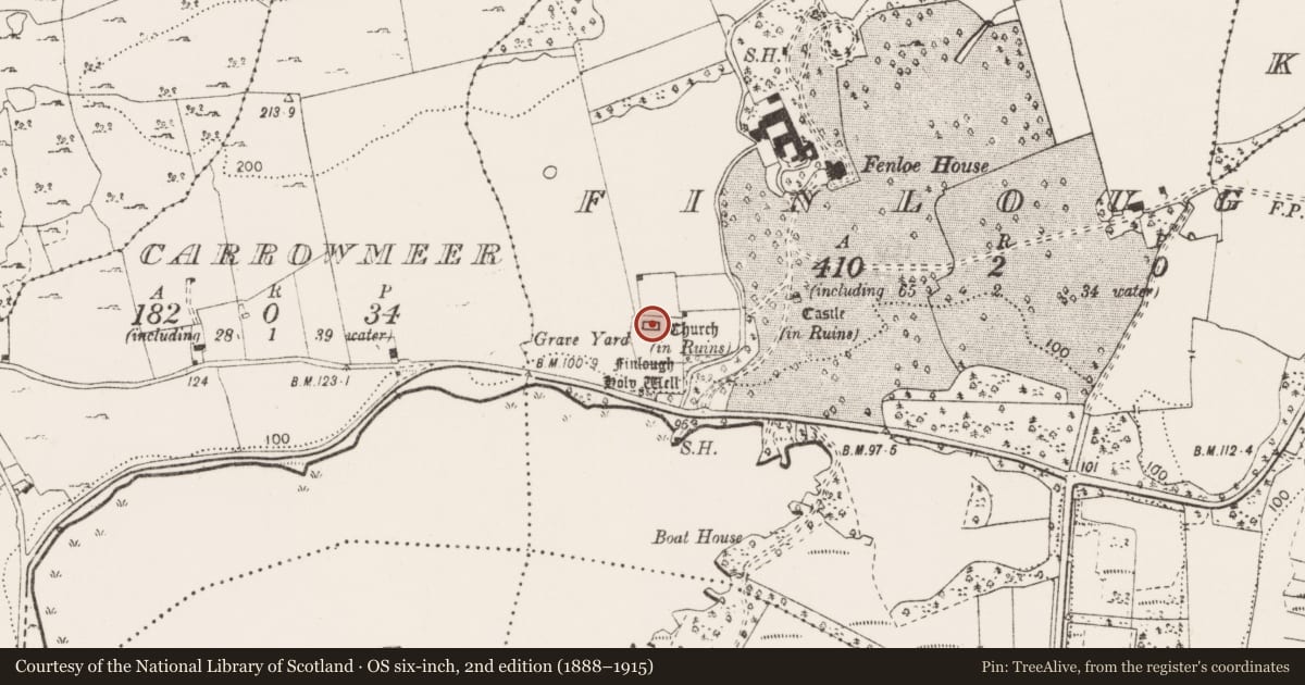 Ordnance Survey six-inch map, 2nd edition (1888–1915) covering the location of Church, Finlough, County Clare, with a pin at the register's coordinates