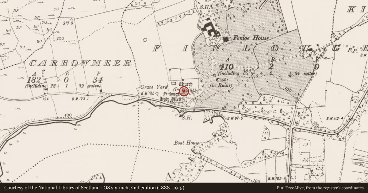 Ordnance Survey six-inch map, 2nd edition (1888–1915) covering the location of Church, Finlough, County Clare, with a pin at the register's coordinates