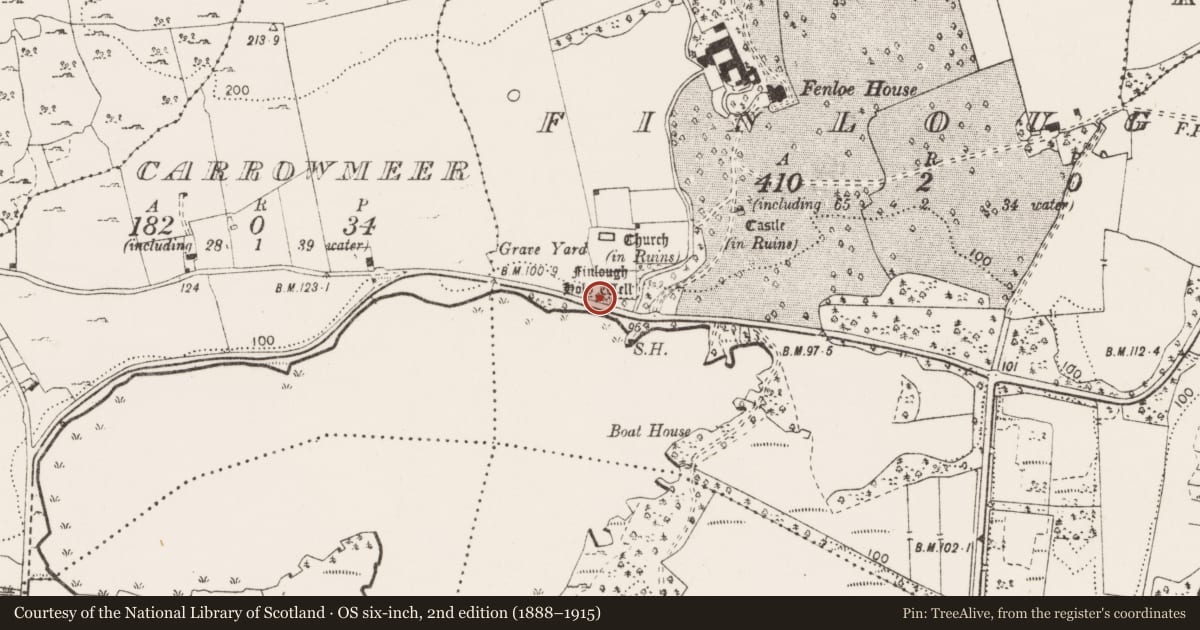 Ordnance Survey six-inch map, 2nd edition (1888–1915) covering the location of Ritual site - holy well, Finlough, County Clare, with a pin at the register's coordinates