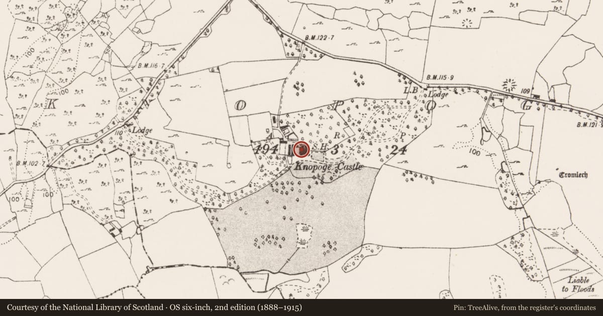 Ordnance Survey six-inch map, 2nd edition (1888–1915) covering the location of Castle - tower house, Knopoge, County Clare, with a pin at the register's coordinates