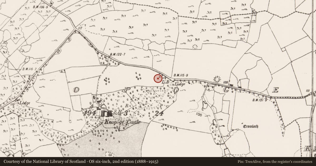 Ordnance Survey six-inch map, 2nd edition (1888–1915) covering the location of Stone row, Knopoge, County Clare, with a pin at the register's coordinates