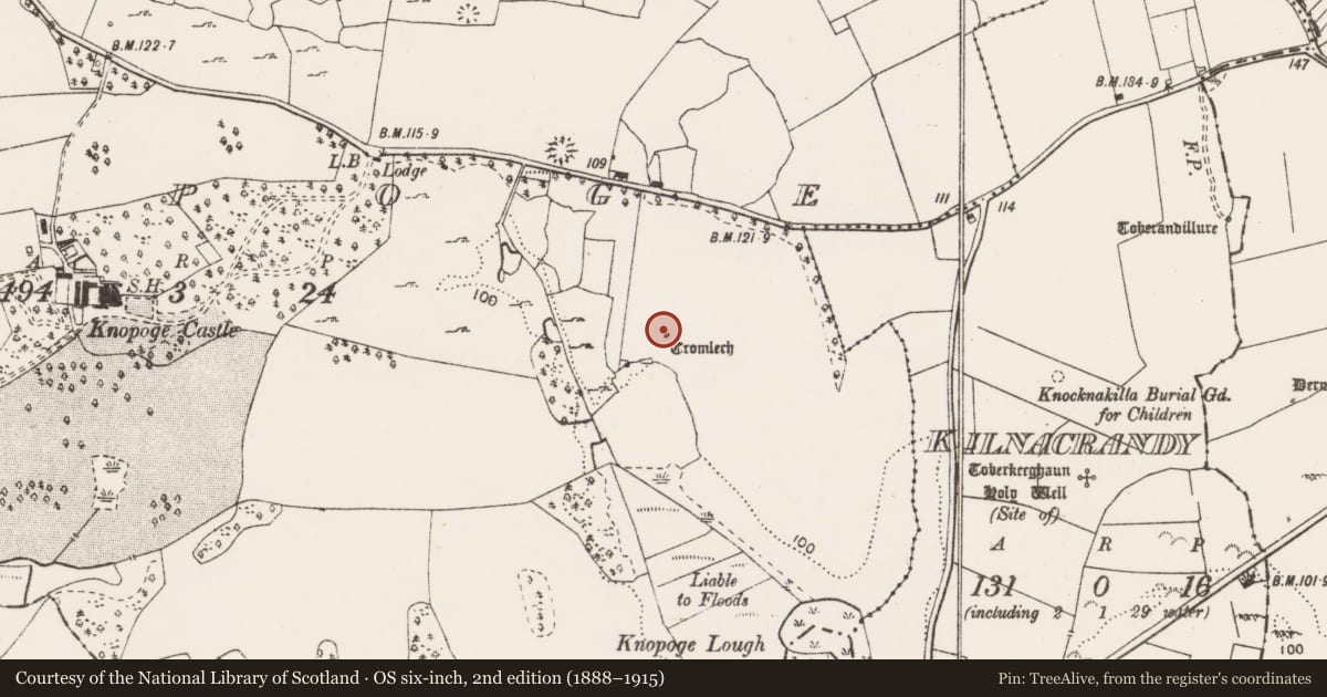 Ordnance Survey six-inch map, 2nd edition (1888–1915) covering the location of Megalithic tomb - wedge tomb, Knopoge, County Clare, with a pin at the register's coordinates
