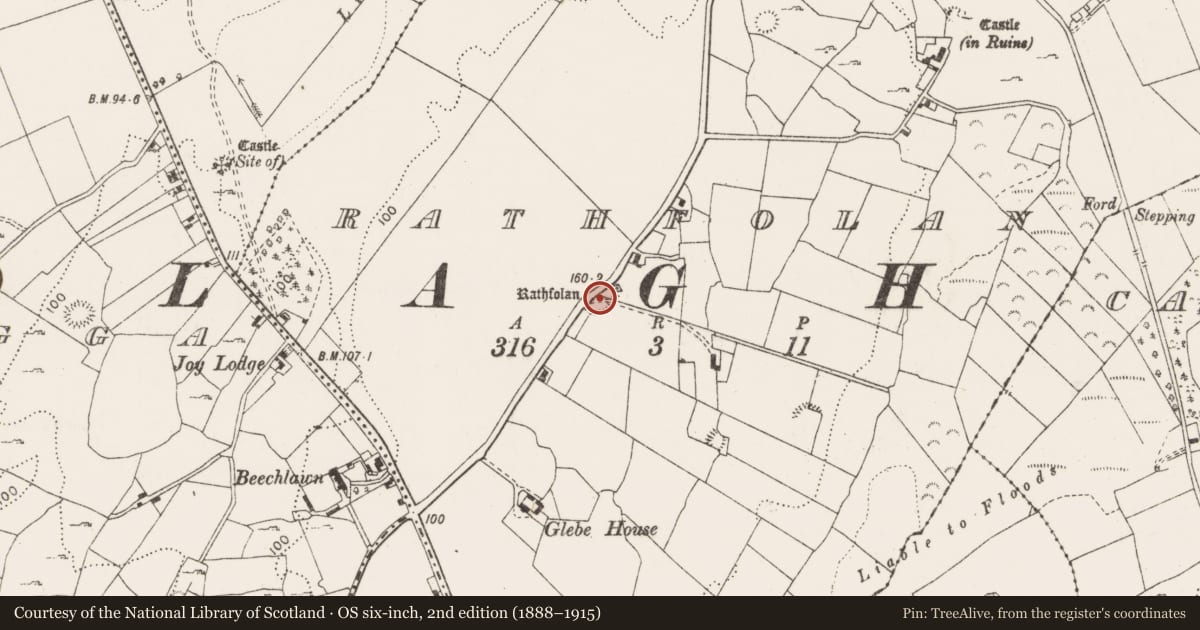 Ordnance Survey six-inch map, 2nd edition (1888–1915) covering the location of Barrow - ring-barrow, Rathfolan, County Clare, with a pin at the register's coordinates