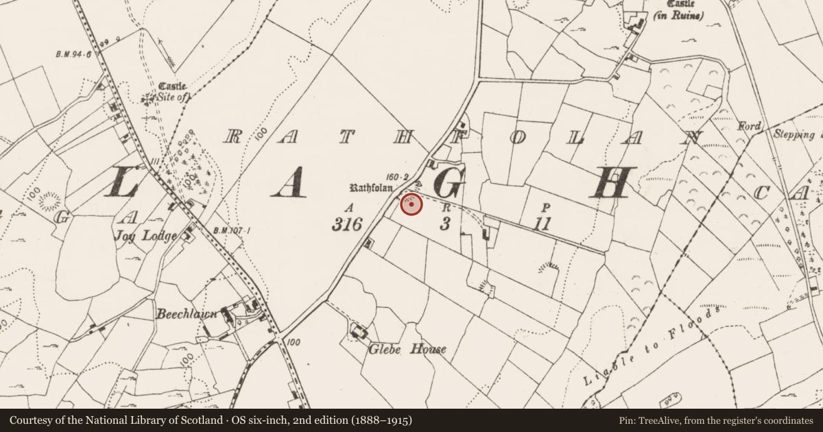 Ordnance Survey six-inch map, 2nd edition (1888–1915) covering the location of Souterrain, Rathfolan, County Clare, with a pin at the register's coordinates