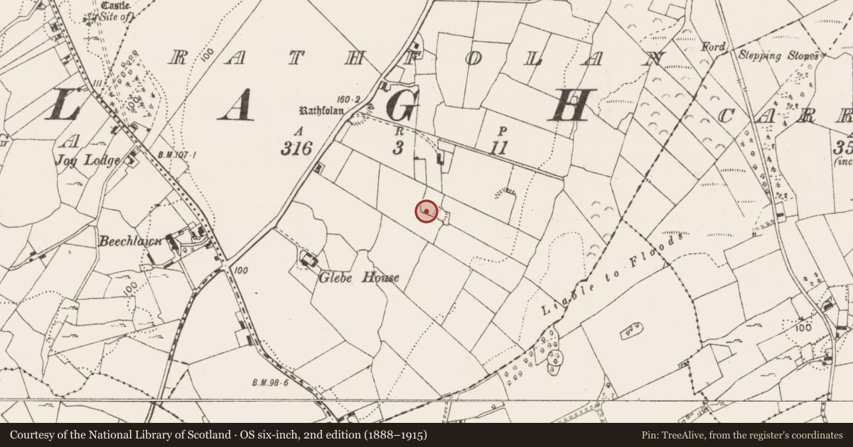 Ordnance Survey six-inch map, 2nd edition (1888–1915) covering the location of Enclosure, Rathfolan, County Clare, with a pin at the register's coordinates