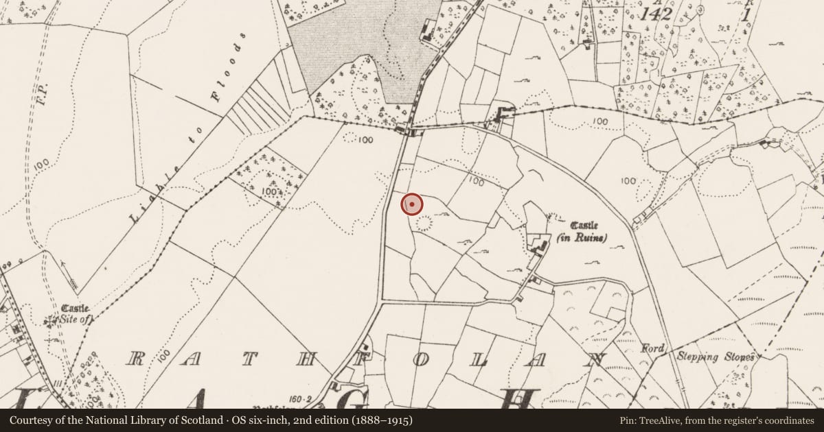 Ordnance Survey six-inch map, 2nd edition (1888–1915) covering the location of Enclosure, Rathfolan, County Clare, with a pin at the register's coordinates