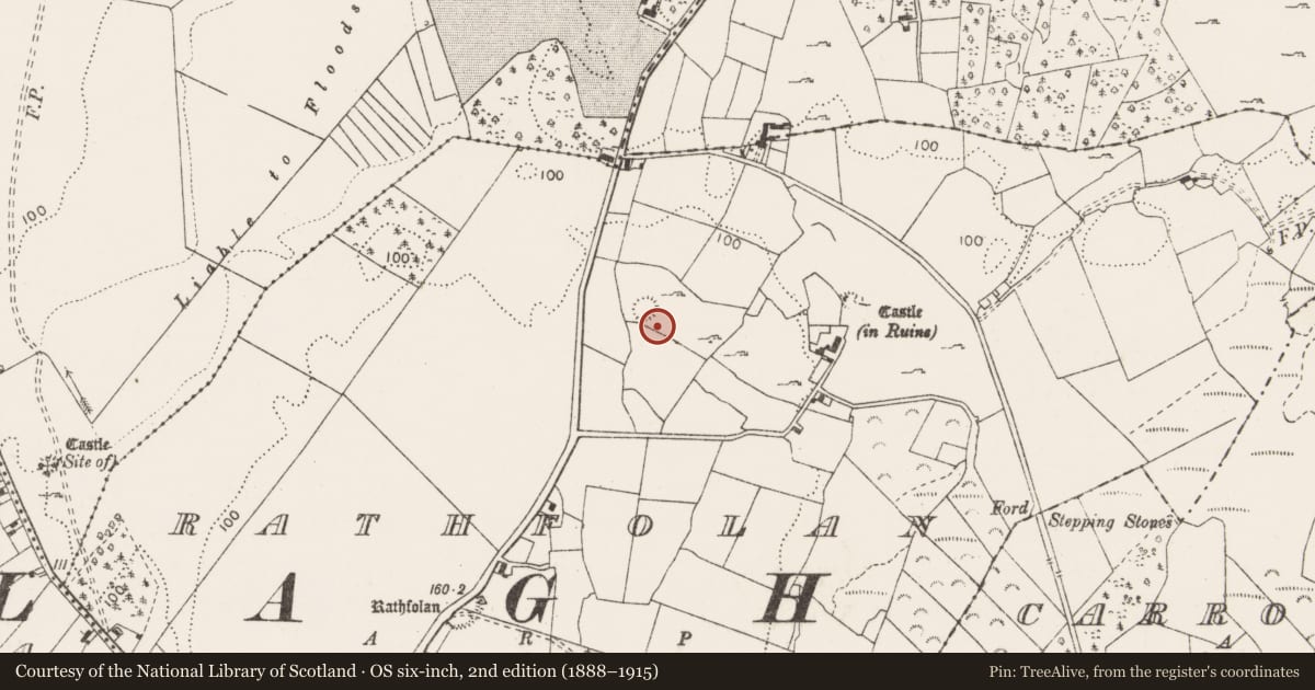 Ordnance Survey six-inch map, 2nd edition (1888–1915) covering the location of Hut site, Rathfolan, County Clare, with a pin at the register's coordinates