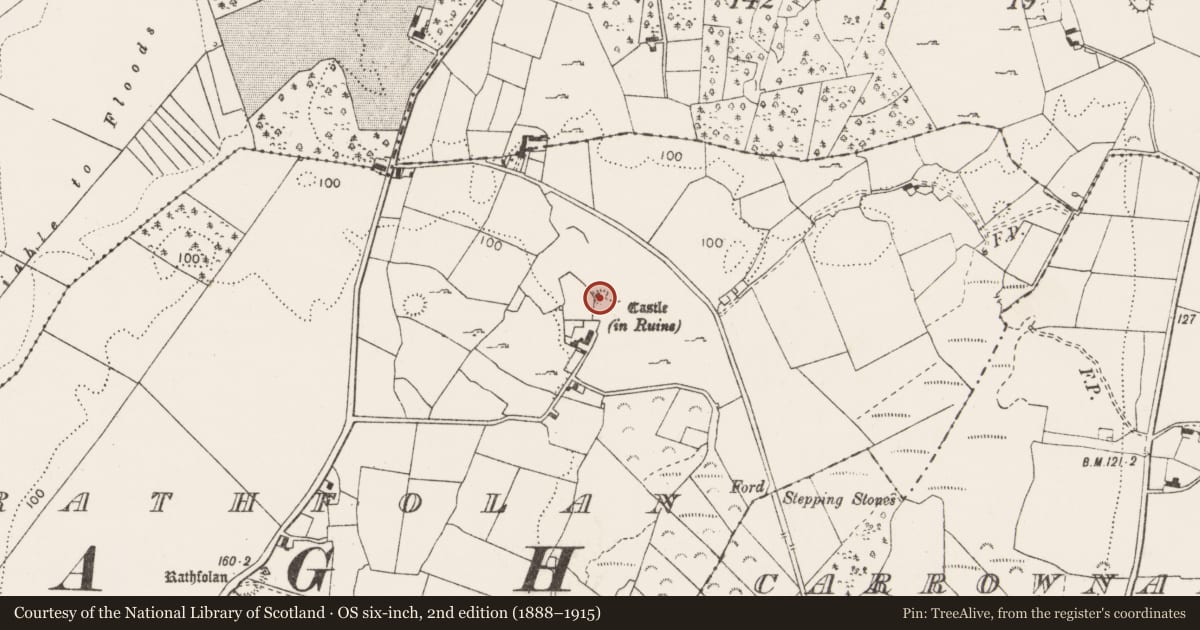 Ordnance Survey six-inch map, 2nd edition (1888–1915) covering the location of Earthwork, Rathfolan, County Clare, with a pin at the register's coordinates