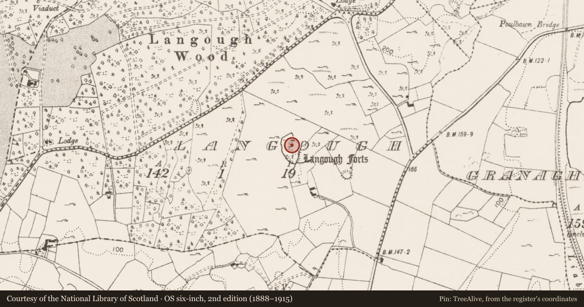 Ordnance Survey six-inch map, 2nd edition (1888–1915) covering the location of Ringfort - cashel, Langough, County Clare, with a pin at the register's coordinates