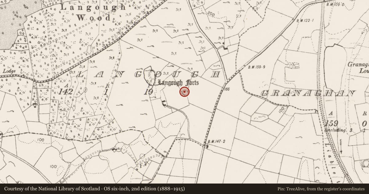 Ordnance Survey six-inch map, 2nd edition (1888–1915) covering the location of Ringfort - cashel, Langough, County Clare, with a pin at the register's coordinates