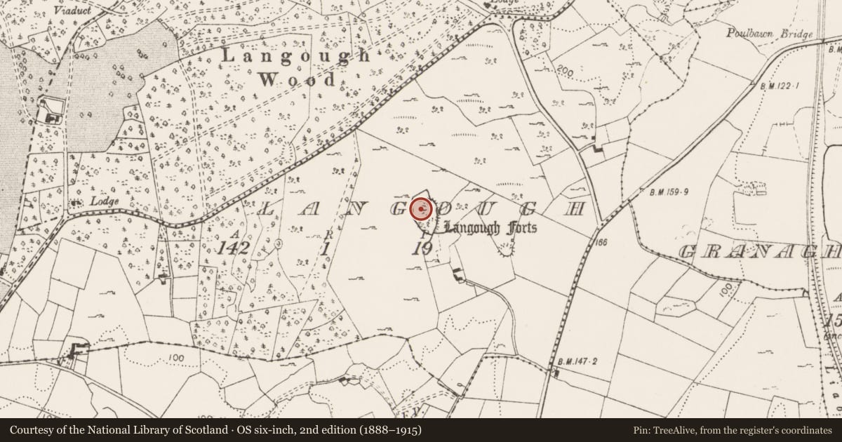 Ordnance Survey six-inch map, 2nd edition (1888–1915) covering the location of Ringfort - cashel, Langough, County Clare, with a pin at the register's coordinates