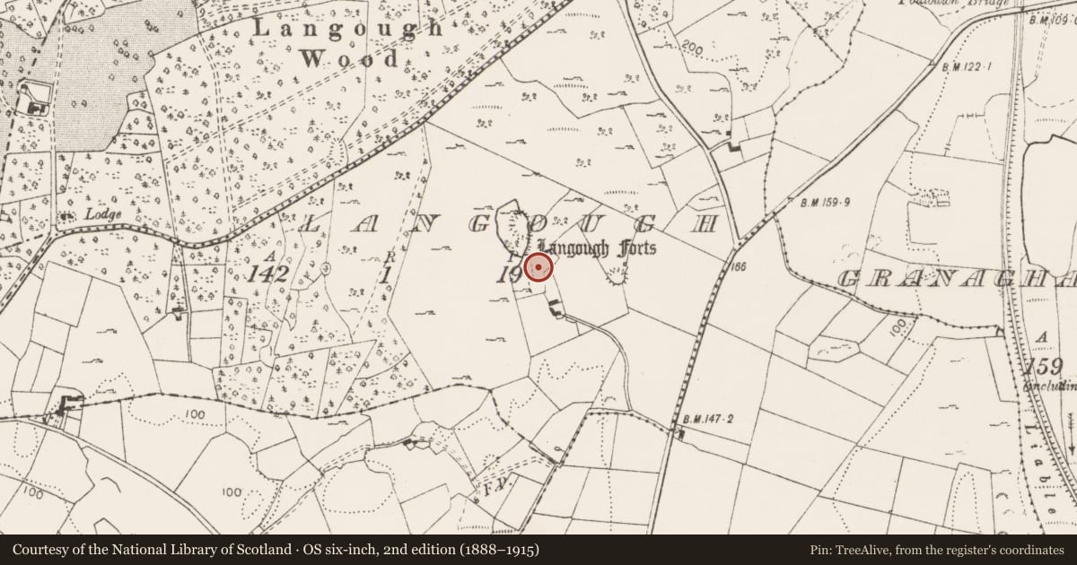 Ordnance Survey six-inch map, 2nd edition (1888–1915) covering the location of Enclosure, Langough, County Clare, with a pin at the register's coordinates