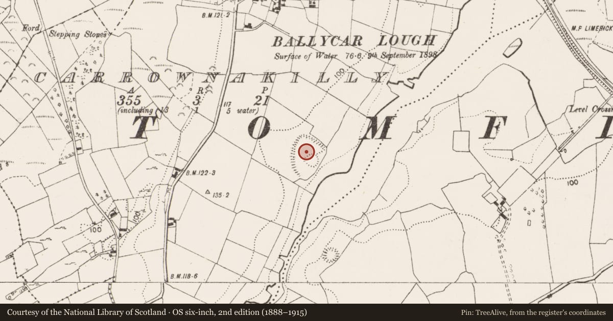 Ordnance Survey six-inch map, 2nd edition (1888–1915) covering the location of Ringfort - rath, Carrownakilly, County Clare, with a pin at the register's coordinates