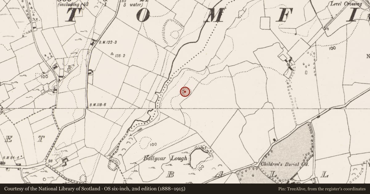 Ordnance Survey six-inch map, 2nd edition (1888–1915) covering the location of Enclosure, Ballycar, County Clare, with a pin at the register's coordinates