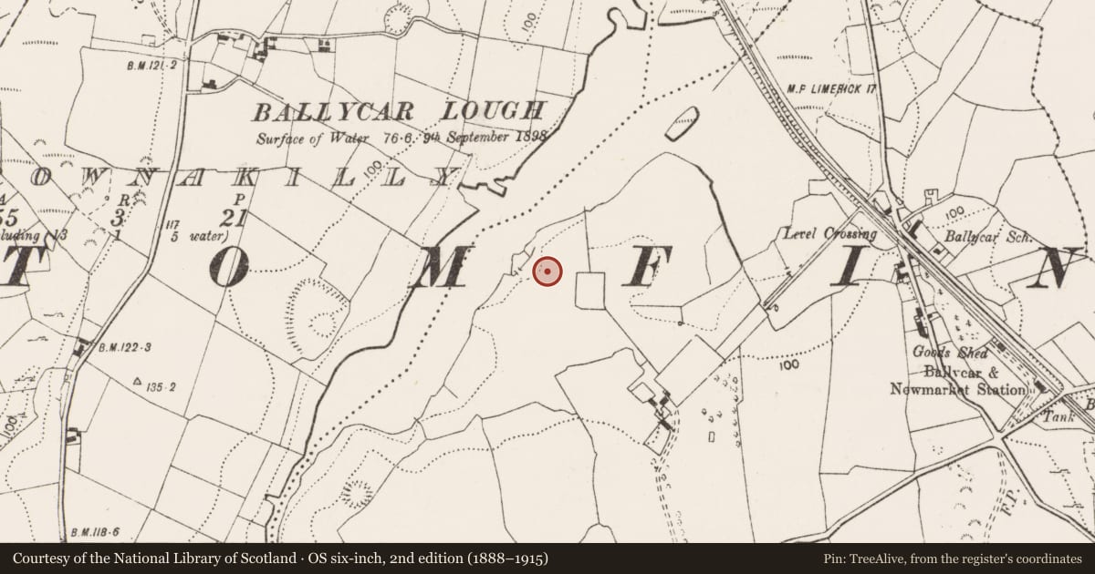 Ordnance Survey six-inch map, 2nd edition (1888–1915) covering the location of Castle - unclassified, Ballycar, County Clare, with a pin at the register's coordinates