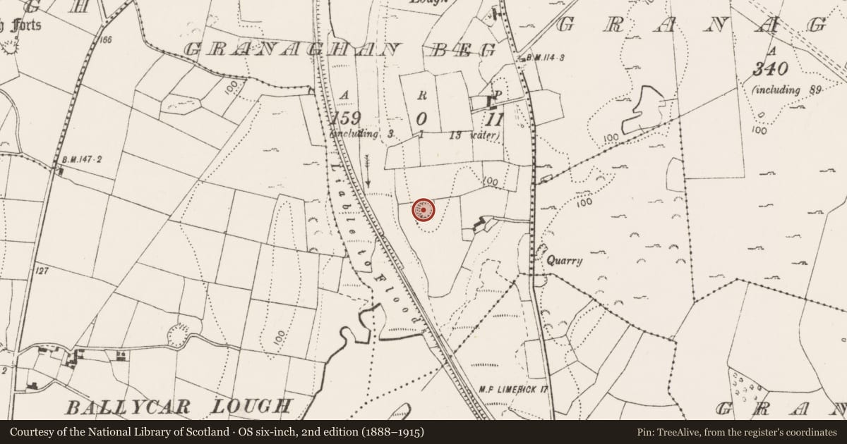 Ordnance Survey six-inch map, 2nd edition (1888–1915) covering the location of Ringfort - cashel, Granaghan Beg, County Clare, with a pin at the register's coordinates