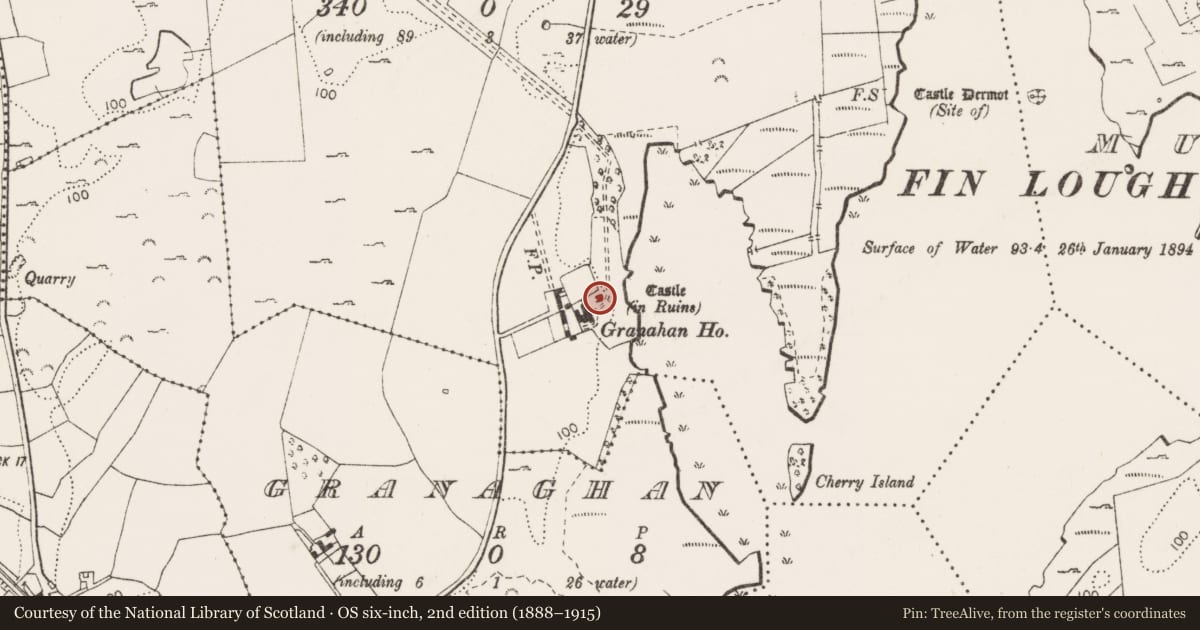 Ordnance Survey six-inch map, 2nd edition (1888–1915) covering the location of Castle - tower house, Granaghan More, County Clare, with a pin at the register's coordinates