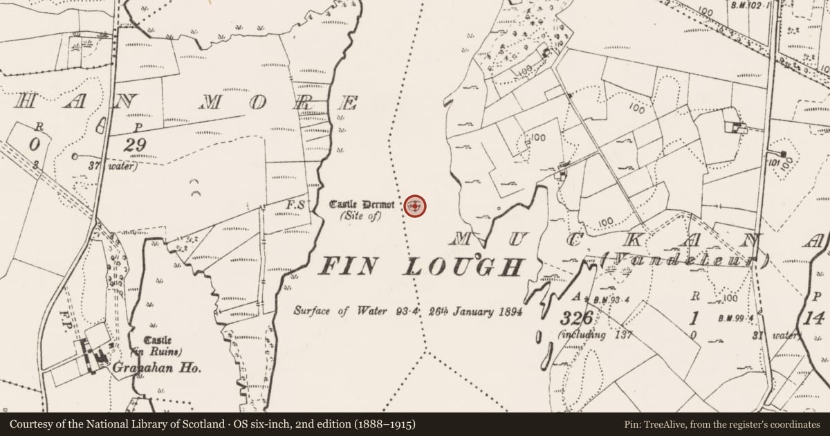 Ordnance Survey six-inch map, 2nd edition (1888–1915) covering the location of Crannog, Muckanagh (Vandaleur), County Clare, with a pin at the register's coordinates