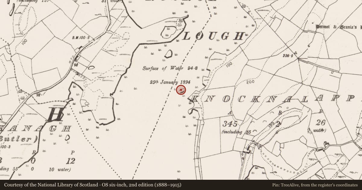 Ordnance Survey six-inch map, 2nd edition (1888–1915) covering the location of Crannog, Knocknalappa, County Clare, with a pin at the register's coordinates