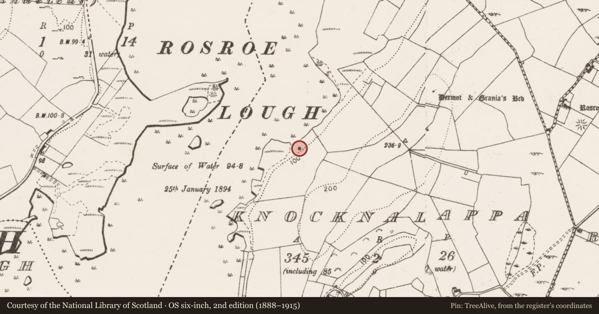 Ordnance Survey six-inch map, 2nd edition (1888–1915) covering the location of Fulacht fia, Knocknalappa, County Clare, with a pin at the register's coordinates