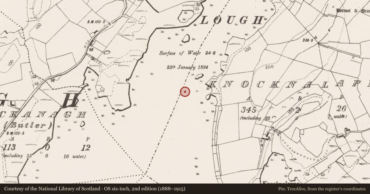 Ordnance Survey six-inch map, 2nd edition (1888–1915) covering the location of Crannog, Knocknalappa, County Clare, with a pin at the register's coordinates