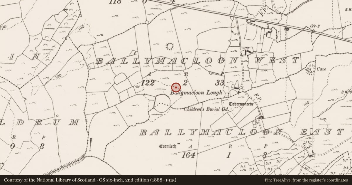 Ordnance Survey six-inch map, 2nd edition (1888–1915) covering the location of Fulacht fia, Ballymacloon West, County Clare, with a pin at the register's coordinates