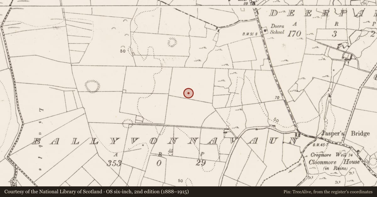 Ordnance Survey six-inch map, 2nd edition (1888–1915) covering the location of Standing stone, Ballyvonnavaun, County Clare, with a pin at the register's coordinates
