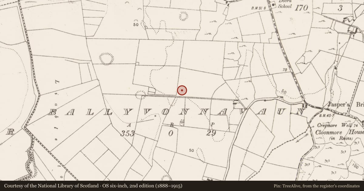 Ordnance Survey six-inch map, 2nd edition (1888–1915) covering the location of Enclosure, Ballyvonnavaun, County Clare, with a pin at the register's coordinates