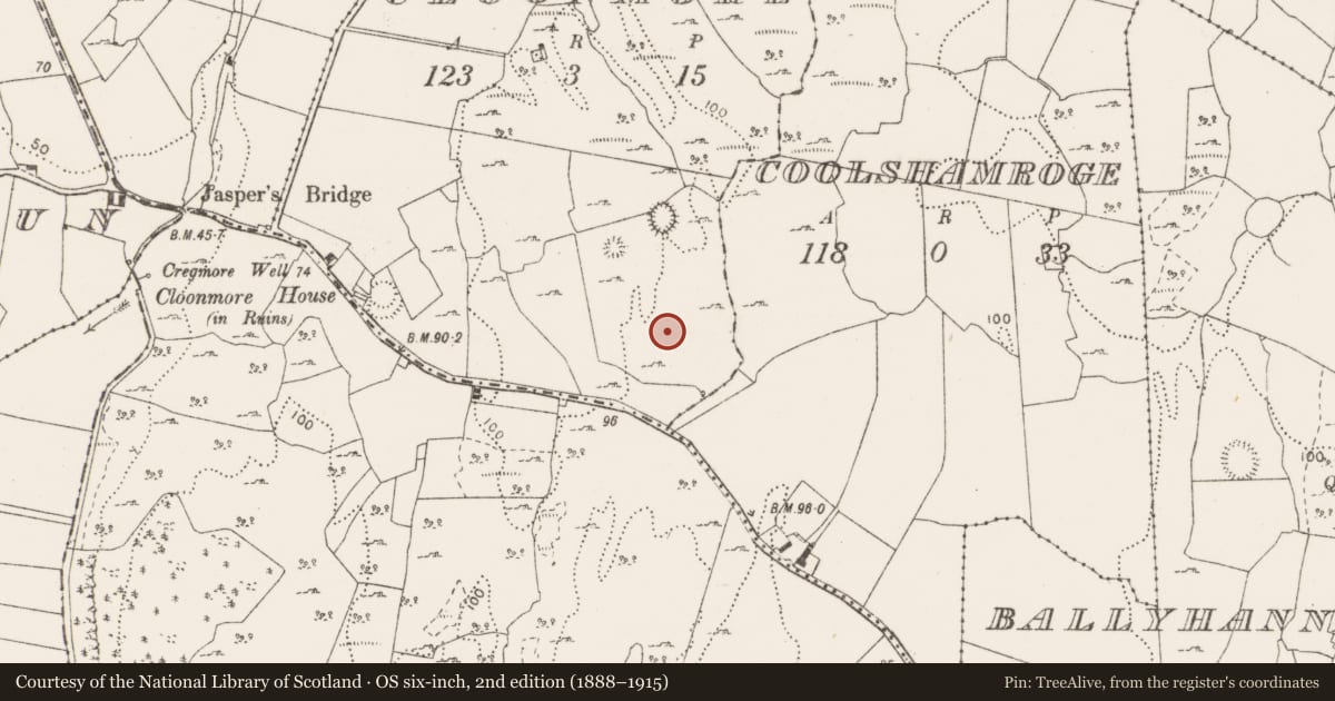 Ordnance Survey six-inch map, 2nd edition (1888–1915) covering the location of Enclosure, Cloonmore, County Clare, with a pin at the register's coordinates