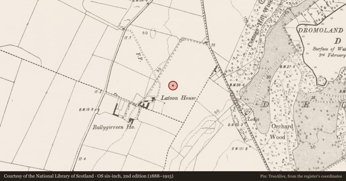 Ordnance Survey six-inch map, 2nd edition (1888–1915) covering the location of Standing stone, Latoon South, County Clare, with a pin at the register's coordinates