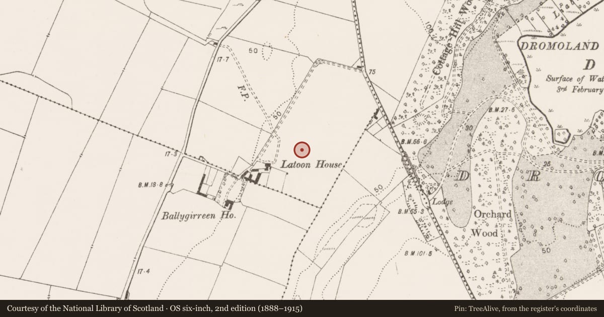Ordnance Survey six-inch map, 2nd edition (1888–1915) covering the location of Kiln - corn-drying, Latoon South, County Clare, with a pin at the register's coordinates