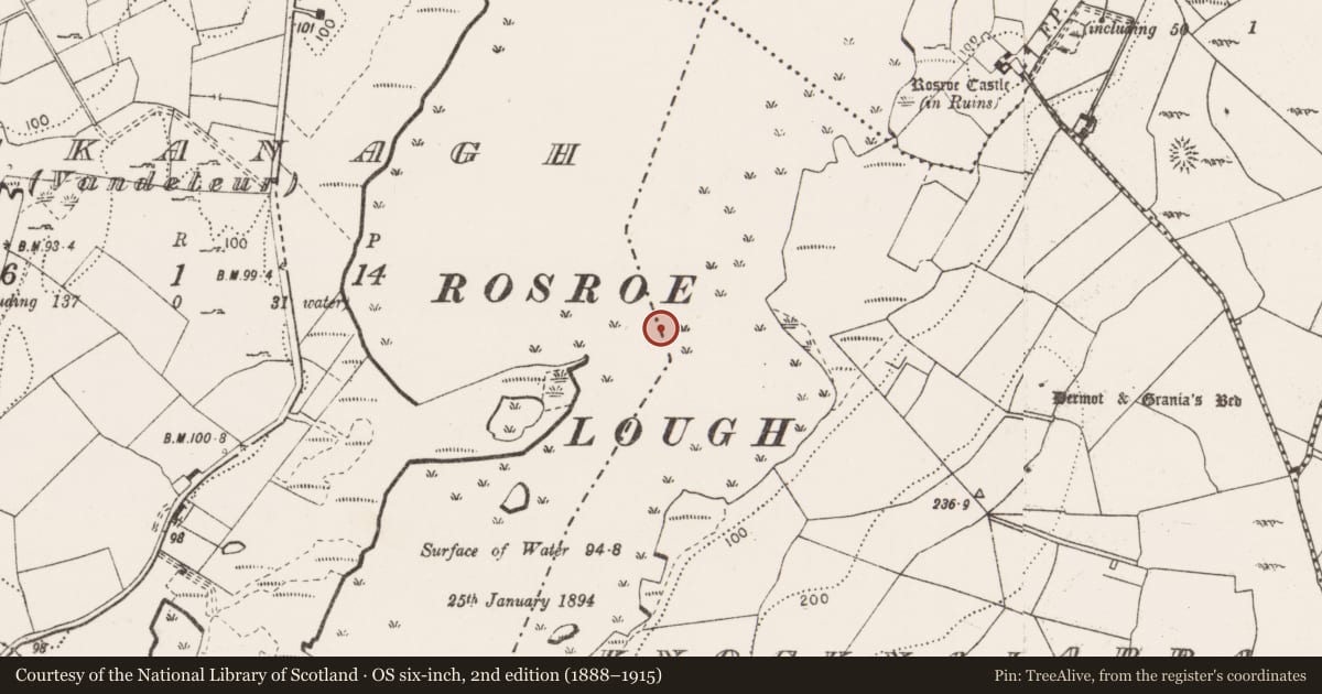 Ordnance Survey six-inch map, 2nd edition (1888–1915) covering the location of Crannog, Knocknalappa, Muckanagh (Vandaleur), County Clare, with a pin at the register's coordinates