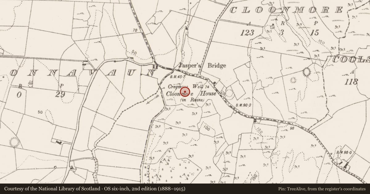 Ordnance Survey six-inch map, 2nd edition (1888–1915) covering the location of Fulacht fia, Carrowmeer, County Clare, with a pin at the register's coordinates
