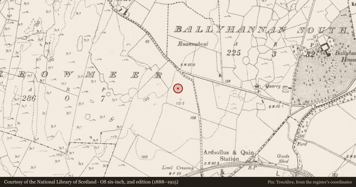 Ordnance Survey six-inch map, 2nd edition (1888–1915) covering the location of Fulacht fia, Carrowmeer, County Clare, with a pin at the register's coordinates