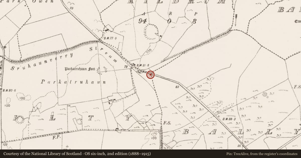 Ordnance Survey six-inch map, 2nd edition (1888–1915) covering the location of Fulacht fia, Ballykilty, County Clare, with a pin at the register's coordinates