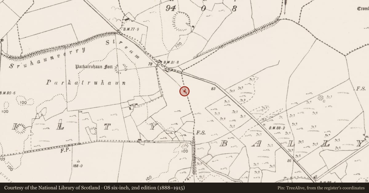 Ordnance Survey six-inch map, 2nd edition (1888–1915) covering the location of Fulacht fia, Ballykilty, County Clare, with a pin at the register's coordinates