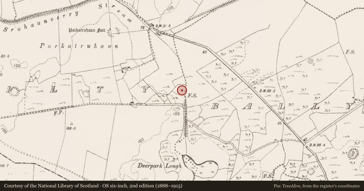 Ordnance Survey six-inch map, 2nd edition (1888–1915) covering the location of Fulacht fia, Ballykilty, County Clare, with a pin at the register's coordinates