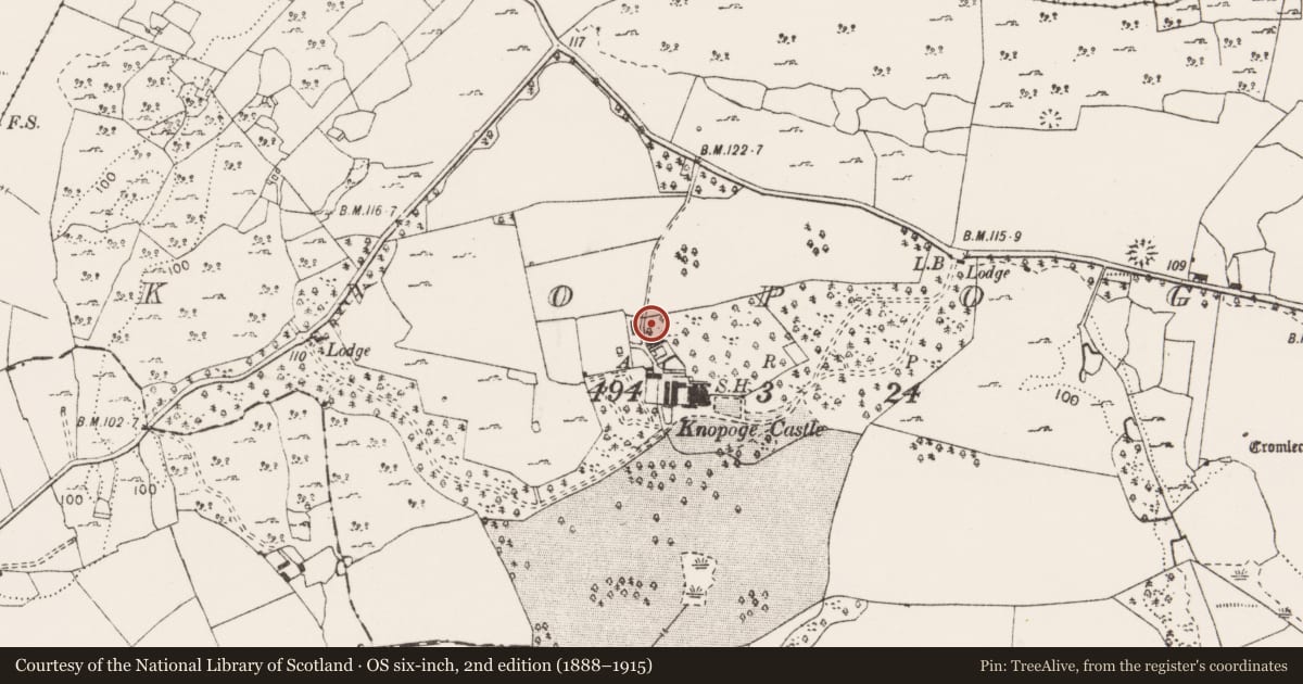 Ordnance Survey six-inch map, 2nd edition (1888–1915) covering the location of Standing stone, Knopoge, County Clare, with a pin at the register's coordinates
