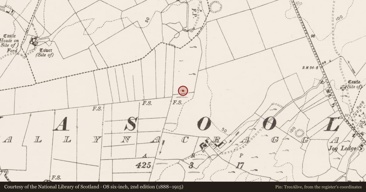 Ordnance Survey six-inch map, 2nd edition (1888–1915) covering the location of Burnt mound, Ballynacragga, County Clare, with a pin at the register's coordinates