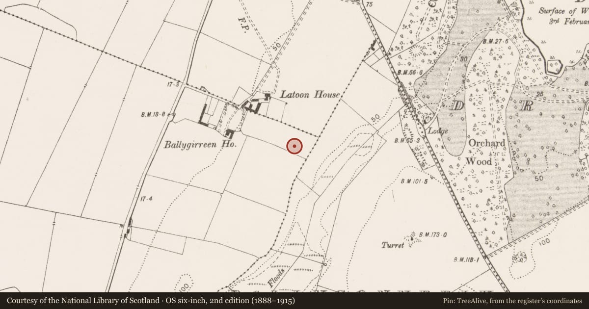 Ordnance Survey six-inch map, 2nd edition (1888–1915) covering the location of Barrow - ditch barrow, Ballygirreen, County Clare, with a pin at the register's coordinates