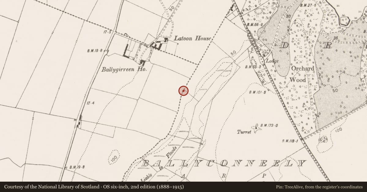 Ordnance Survey six-inch map, 2nd edition (1888–1915) covering the location of Enclosure, Ballyconneely, Ballygirreen, County Clare, with a pin at the register's coordinates