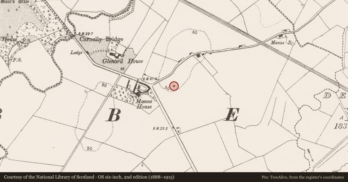 Ordnance Survey six-inch map, 2nd edition (1888–1915) covering the location of Flat cemetery, Manusmore, County Clare, with a pin at the register's coordinates