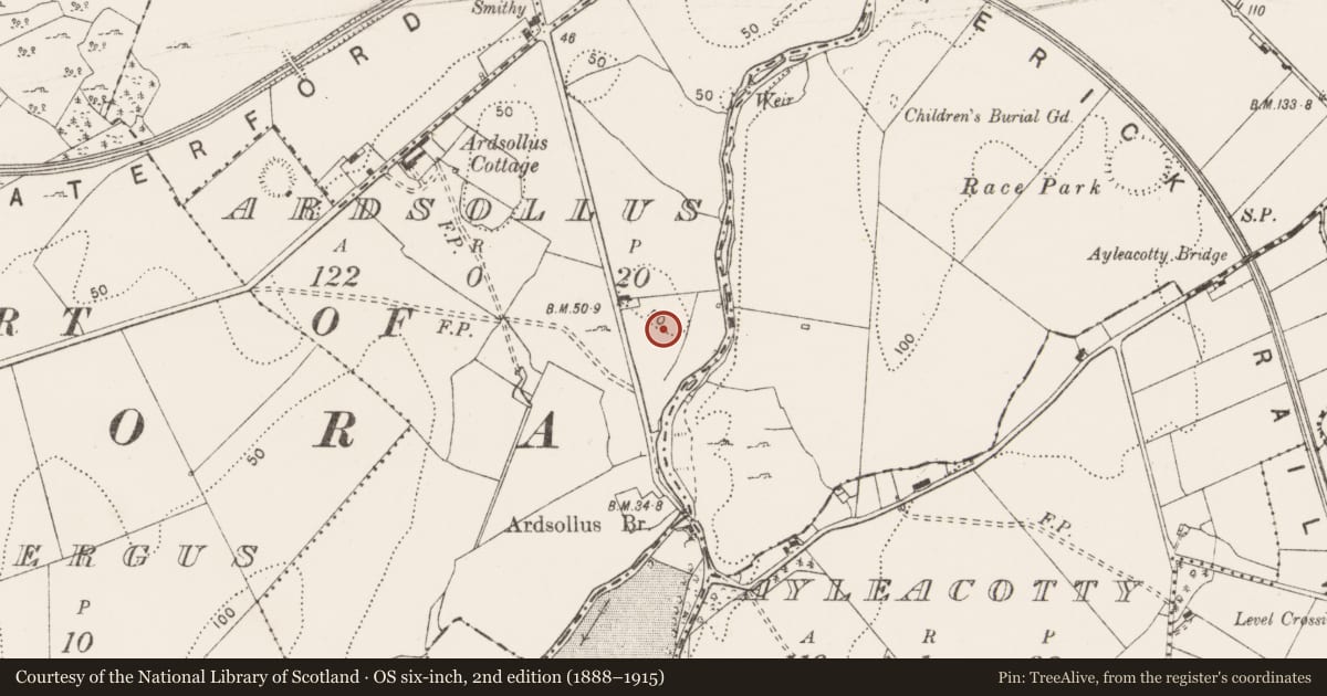 Ordnance Survey six-inch map, 2nd edition (1888–1915) covering the location of Enclosure, Ardsollus, County Clare, with a pin at the register's coordinates