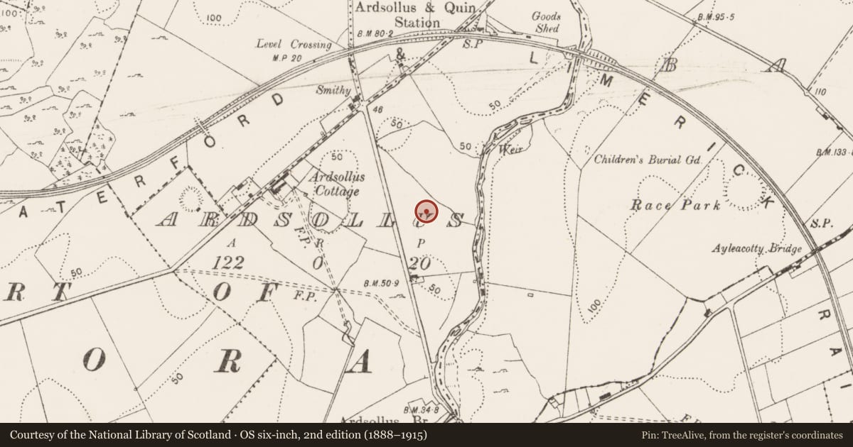 Ordnance Survey six-inch map, 2nd edition (1888–1915) covering the location of Enclosure, Ardsollus, County Clare, with a pin at the register's coordinates