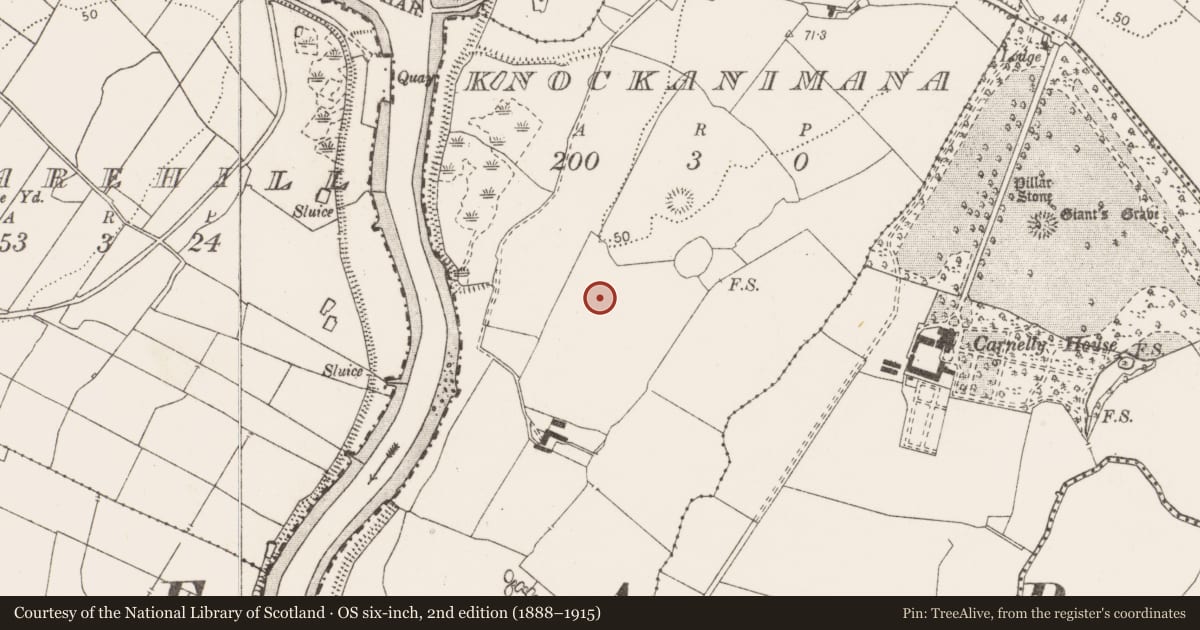 Ordnance Survey six-inch map, 2nd edition (1888–1915) covering the location of Enclosure, Knockanimana, County Clare, with a pin at the register's coordinates
