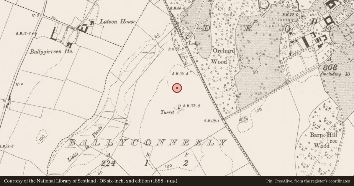 Ordnance Survey six-inch map, 2nd edition (1888–1915) covering the location of Barrow - ring-barrow, Ballyconneely, County Clare, with a pin at the register's coordinates
