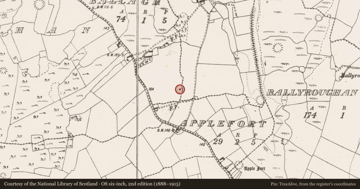 Ordnance Survey six-inch map, 2nd edition (1888–1915) covering the location of Enclosure, Ballagh, Carnmallow, County Clare, with a pin at the register's coordinates